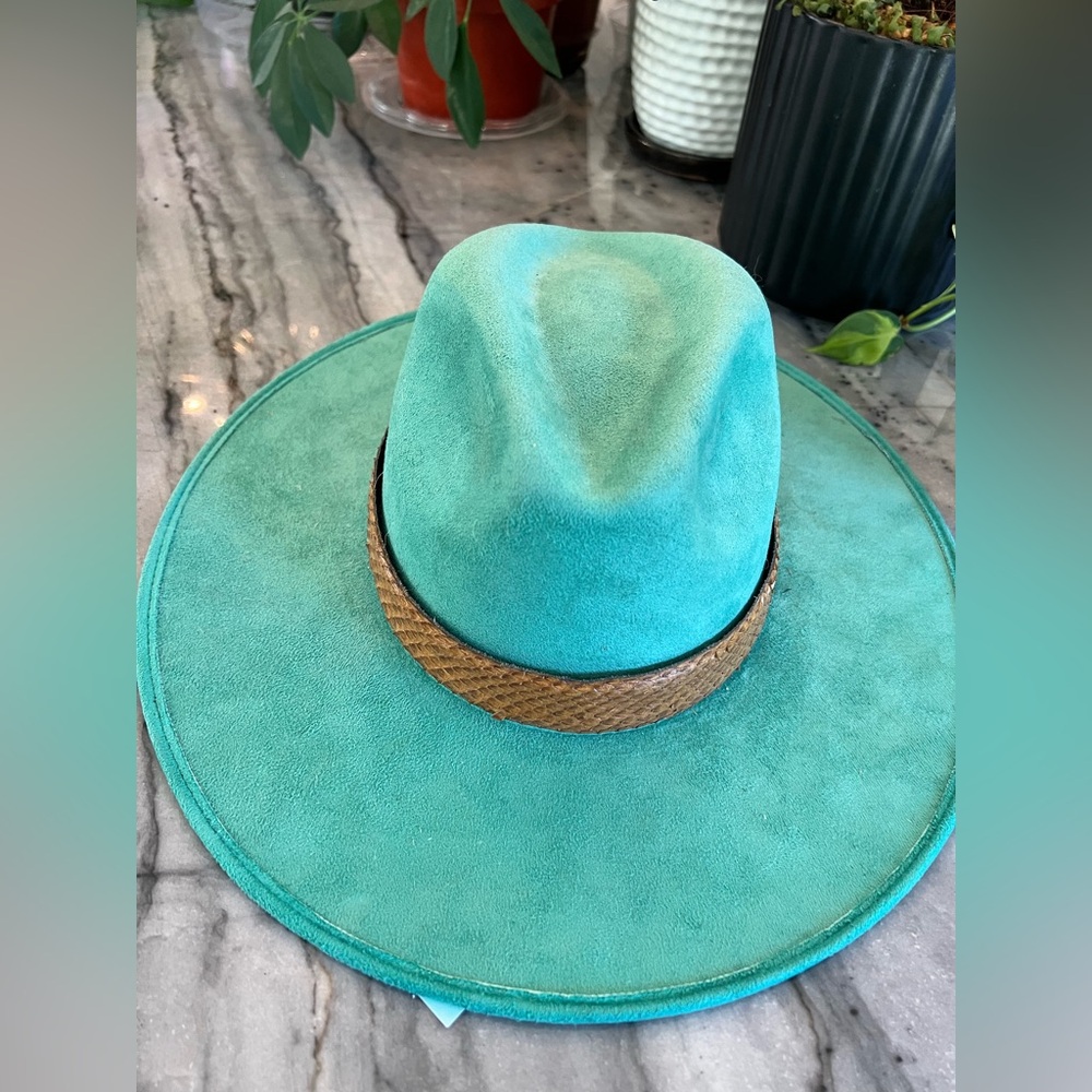 Turquoise Wide-Brim Suede Hat with Tan Band - Medium